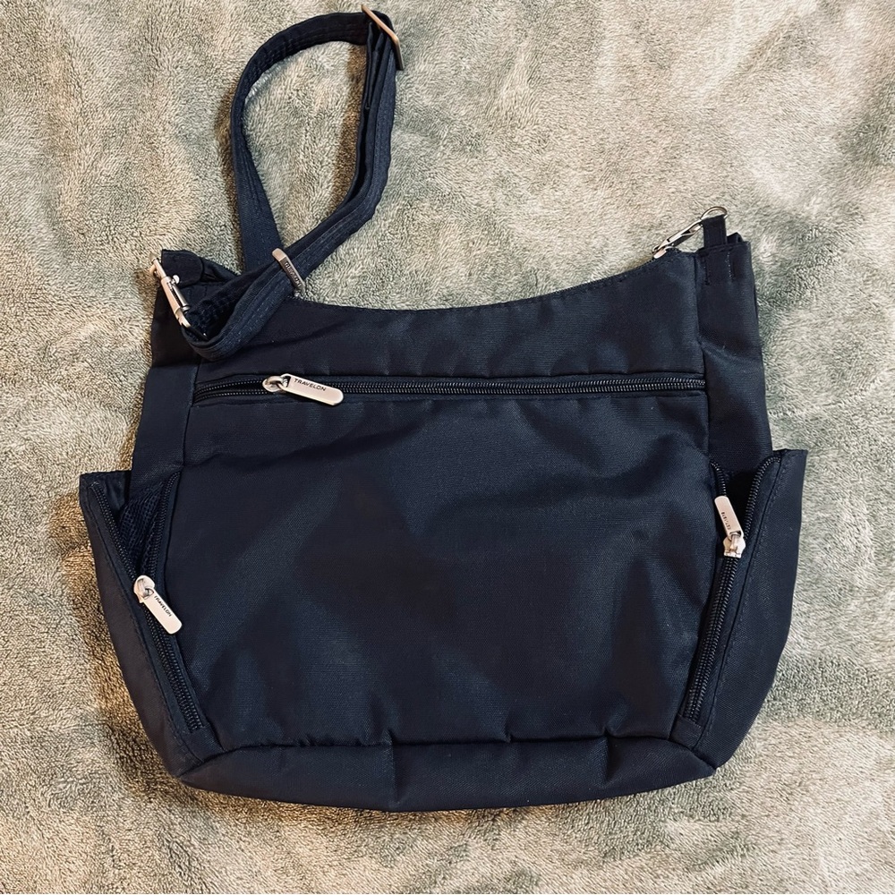 Travelon Classic Antitheft Crossbody Bucket Bag Navy RFID Locking Zippers Travel - Picture 3 of 10